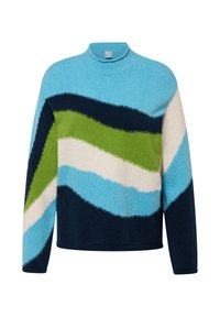 Langärmliger Rundhalspullover mit blauen, navyblauen, grünen und weißen diagonalen Wellenstreifen auf der Vorderseite und den Ärmel.