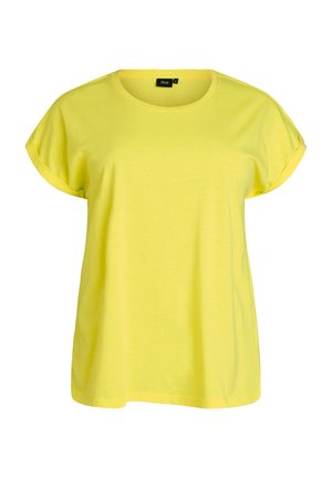 Lysegul kortærmet casual t-shirt med opbukkede ærmekanter og rund halsudskæring, vist på en ensartet hvid baggrund.