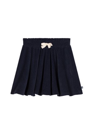 Marineblauer Cord-Plisseerock mit elastischem Bund und kleinem beigen Schleifchen in der vorderen Mitte, geeignet für Kinder.