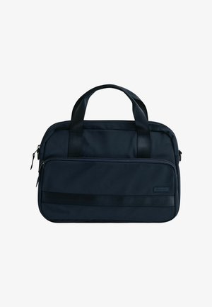 Sac à main rectangulaire bleu marine avec deux anses, poche zippée frontale et bordure horizontale noire, sur fond blanc.