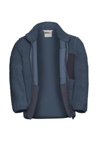 Veste en polaire de couleur bleu foncé avec un extérieur doux et texturé. Elle possède une doublure intérieure en bleu clair, lisse, et des poches latérales.
