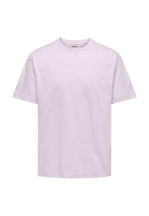 T-shirt en coton violet clair avec un col rond et des manches courtes. Texture lisse, coupe décontractée, sans motifs ni accents.