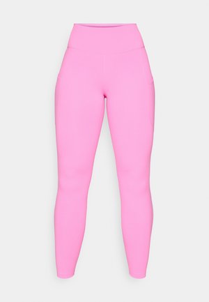 Pink leggings with a high waist, made of stretchy material. Features side pockets and a smooth texture, extending to the ankle.