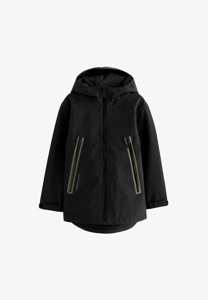 Black hooded jacket made of water-resistant material. Features two zippered pockets with gray accents and a soft inner lining.
