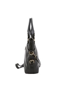 Sac à main en cuir noir avec une texture lisse, doté de deux poignées, d'une bandoulière amovible et d'accents en métal doré.