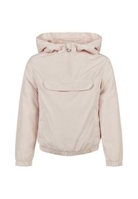 Veste coupe-vent rose clair avec capuche, demi-zip à l'avant, poignets élastiques et poche avant. Texture lisse, design décontracté.