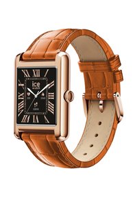 Quadrante dell'orologio nero quadrato con telaio in acciaio inossidabile color oro rosa. Cinturino in pelle marrone con texture e sottosella crema a contrasto, con dettagli in argento.