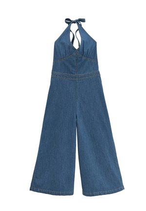 Μπλε τζιν ολόσωμη φόρμα χωρίς μανίκια, με φαρδιά πόδια και δέσιμο στο λαιμό.