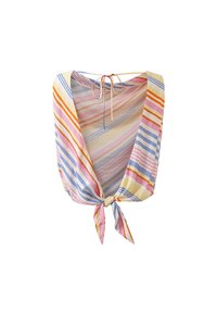Bunte Bluse mit Bindeband, die horizontale Streifen in Pink, Blau, Orange und Gelb präsentiert. Leichter Stoff mit lockerer Passform.