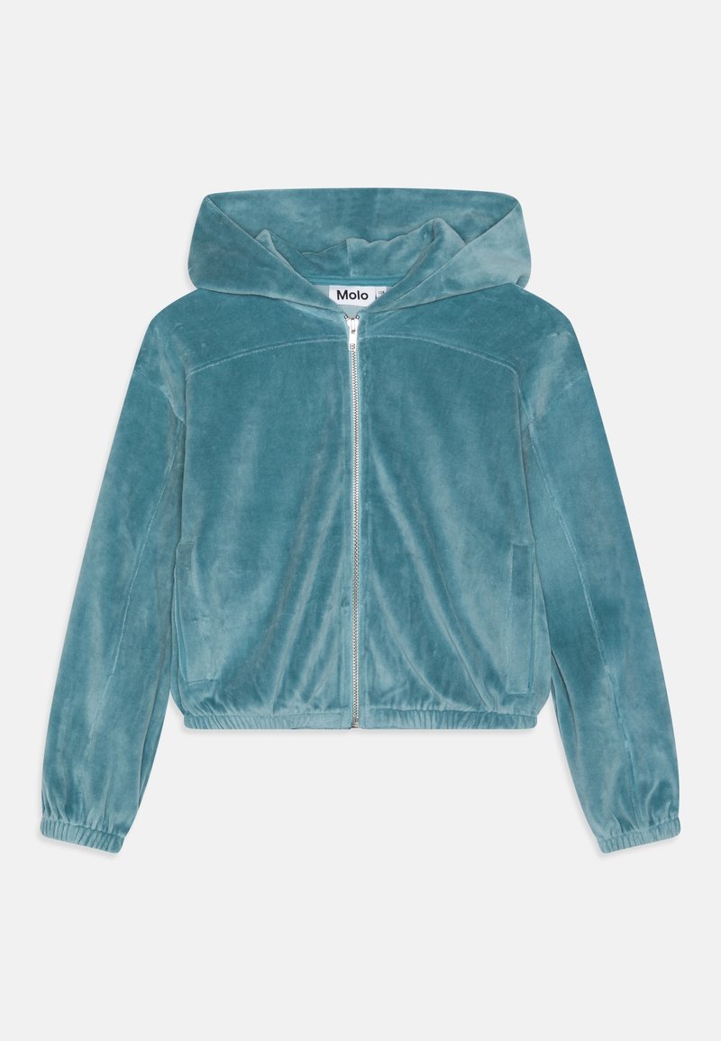 Veste à capuche bleu clair zippée, manches longues, poignets élastiques, poches latérales et texture douce en peluche.