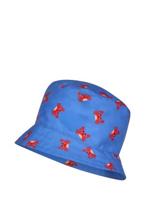 Blue bucket hat with a pattern of small red cartoon crabs evenly spaced across the fabric.