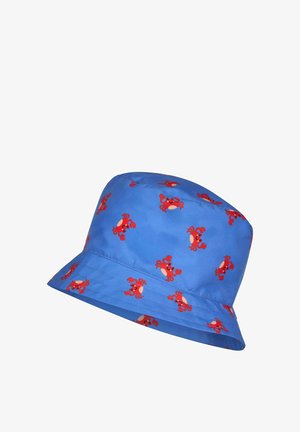 Blue bucket hat with a pattern of small red cartoon crabs evenly spaced across the fabric.