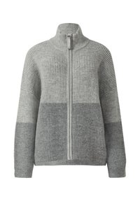 Grauer Strickpullover mit hohem Kragen, durchgehendem Reißverschluss und gerippter Textur. Verfügt über horizontale Farbstreifen in verschiedenen Grautönen.