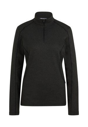 Schwarzer, langärmliger Pullover mit Reißverschlusskragen, mit Flatlocknähten und Seitentaschen. Hergestellt aus weichem, dehnbarem Material.