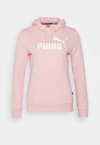Sudadera rosa claro hecha de un tejido suave, con un bolsillo canguro frontal, el logotipo "PUMA" en blanco y capucha con cordón ajustable.