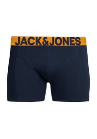Navy blue boxer briefs with a wide orange logo waistband featuring "JACK & JONES" in bold, contrasting letters. Soft, stretchy fabric.