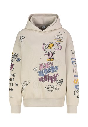 Crème hoodie met graphic designs en tekst, inclusief bloemen en motiverende zinnen. Katoenen materiaal met ribgebreide manchetten en zoom.