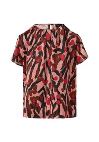 Kurzärmlige Bluse aus pinkem Stoff mit einem abstrakten Muster aus braunen und roten Formen. Rundhalsausschnitt mit Falten auf der Rückseite.