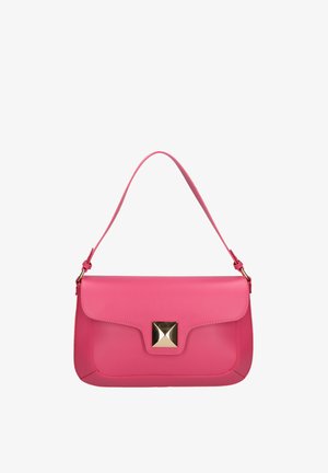 Borsa a tracolla in pelle rosa con una forma rettangolare, texture liscia, patta pieghevole e un accento in metallo dorato a forma quadrata sulla parte anteriore.