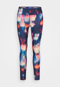 Leggings z večbarvnim abstraktnim vzorcem v odtenkih modre, roza in bele. Narejeni so iz raztegljivega, gladkega materiala z visokim pasom.