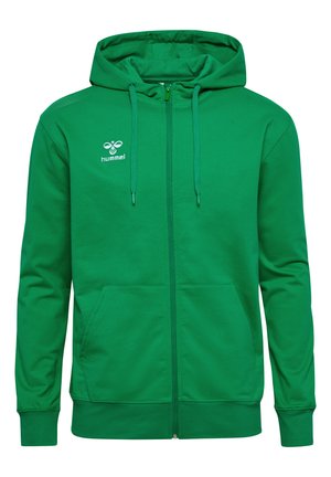 Sweatshirt zippé vert en mélange de coton doux, avec une fermeture éclair devant, deux poches avant, une capuche réglable avec cordon et un logo sur la poitrine.