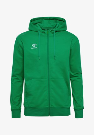 Green zip-up hoodie made from soft cotton blend, featuring a front zipper, two front pockets, adjustable drawstring hood, and logo on chest.