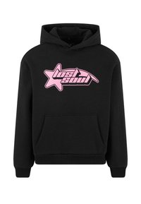 Sudadera negra de tejido suave, con un gran gráfico de estrella rosa y el texto "alma perdida" en la parte frontal, y un bolsillo canguro.