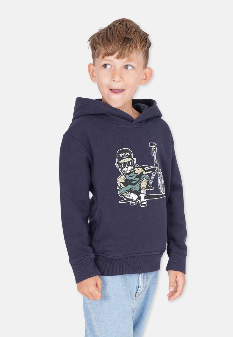 Marinblå hoodie med en grafik av en karaktär på en cykel. Tillverkad av mjukt material, med en känguruficka och ribbade muddar. Klassisk passform.