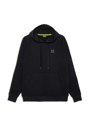 Schwarzer Hoodie mit Fronttasche, Kordelzugkapuze und Raglansärmeln. Verfügt über ein kleines graues Logo auf der Brust und strukturierten Stoff.