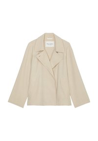 Beżowa dwurzędowa marynarka z klapami z wycięciem, długimi rękawami i dwoma przednimi kieszeniami. Gładki materiał z minimalnymi detalami przeszyć.