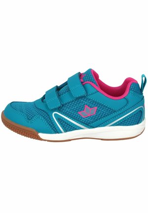 Turquoise athletic shoe with pink accents, mesh upper, two velcro straps, white sole, and textured gum rubber outsole.