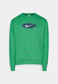 Zelená bavlněná mikina s kulatým výstřihem, na přední straně modrý oválný logo s nápisem "NIKE" v světle zeleném písmu. Dlouhé rukávy, žebrované manžety.