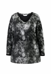 Zwarte en zilveren langemouwen top met een V-hals. Heeft een gestructureerd, metallic oppervlaktepatroon en een losse pasvorm. Biedt een casual stijl.