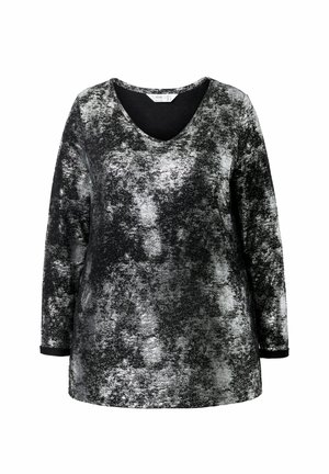 Zwarte en zilveren langemouwen top met een V-hals. Heeft een gestructureerd, metallic oppervlaktepatroon en een losse pasvorm. Biedt een casual stijl.