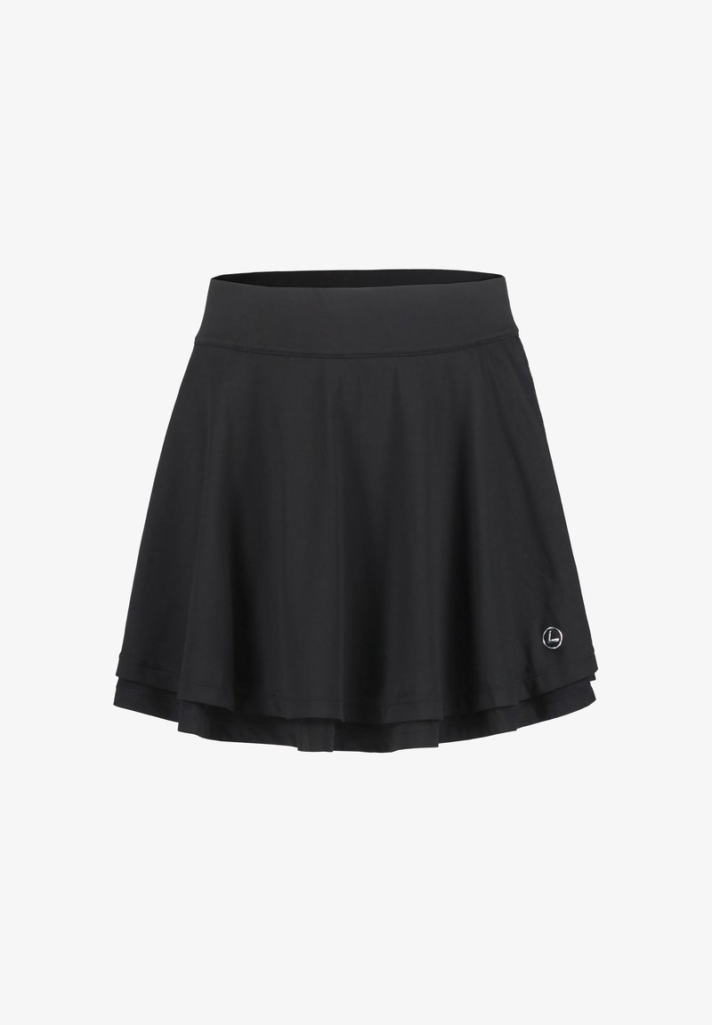 Svart sportkjol med en utsvängd design, bred midja och subtilt lagerdraperi nedtill. Har en liten logo i nederkanten till vänster.