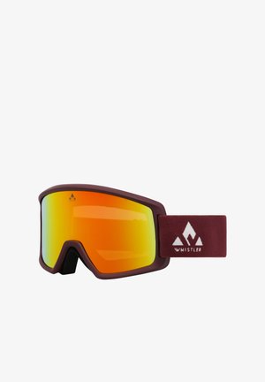 Skibriller med en bordeauxfarvet ramme, store orange spejlobjektiver og et blødt, justerbart bånd med et hvidt logo.