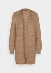 Sweter kardigan w jasnobrązowym kolorze, o luźnym kroju, otwartym przodzie i prążkowanej strukturze, z długimi rękawami. Bez zapięć ani dodatkowych detali.
