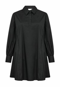 Abito camicia nero a maniche lunghe realizzato in tessuto leggero. Presenta un colletto a punta, una chiusura con bottoni e polsini arricciati per una silhouette informale.