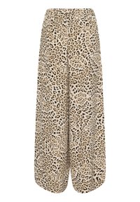 Leopardenmusterweite Hose mit elastischem Bund, aus einem leichten Stoff in Beige- und Brauntönen gefertigt.