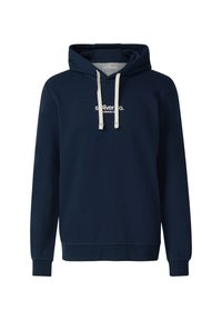 Felpa blu navy con cordini crema, polsini e orlo a costine, con la scritta "s.Oliver co." stampata in bianco sul petto.