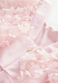 Roze jurk met gelaagd doorzichtig materiaal versierd met kleine bloemenapplicaties. Heeft een gladde voering en een gouden ritsdetail.