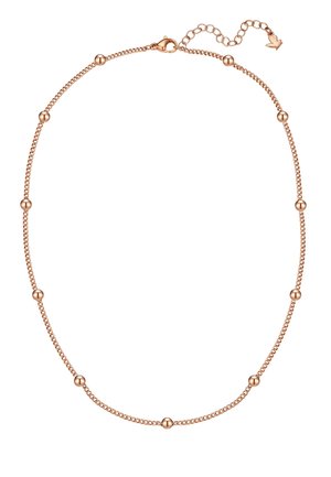 Collar de cadena de oro rosa con cuentas redondas espaciadas uniformemente y cierre de langosta con eslabones ajustables.