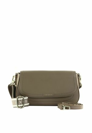 Sac bandoulière Ted Baker en cuir taupe avec une bandoulière en tissu rayé détachable et une bandoulière en cuir uni ajustable.
