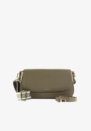 Sac bandoulière Ted Baker en cuir taupe avec une bandoulière en tissu rayé détachable et une bandoulière en cuir uni ajustable.
