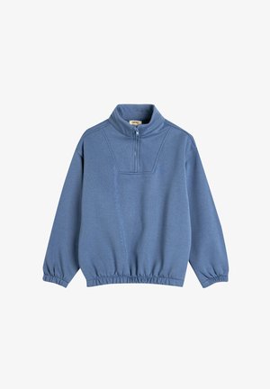 Blue fleece pullover with a half-zip front, stand collar, elasticated cuffs, and hem. Features a textured pattern along the shoulders.