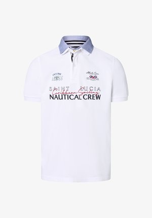 Chemise polo blanche avec un col rayé bleu, ornée de logos et de textes brodés. Manches courtes et coupe classique.