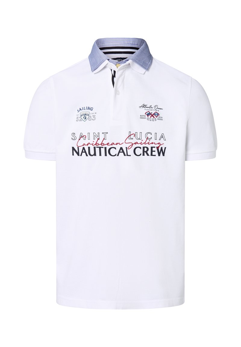 Weißes Poloshirt mit blau gestreiftem Kragen, das gestickte Logos und Textfeatures aufweist. Mit kurzen Ärmeln und klassischer Passform.