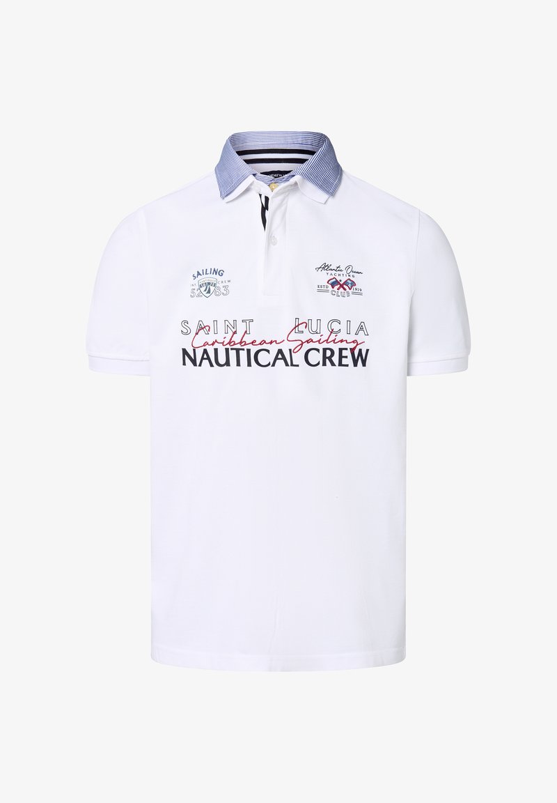 Weißes Poloshirt mit blau gestreiftem Kragen, das gestickte Logos und Textfeatures aufweist. Mit kurzen Ärmeln und klassischer Passform.
