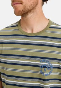 Cotton t-shirt with green, blue, and white horizontal stripes. Features a round neckline and a printed design with "Freedom from the Chaos" in blue.