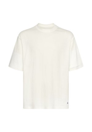 White cotton t-shirt with short sleeves, round neckline, relaxed fit, and subtle stitching detail. Small logo at the bottom right.